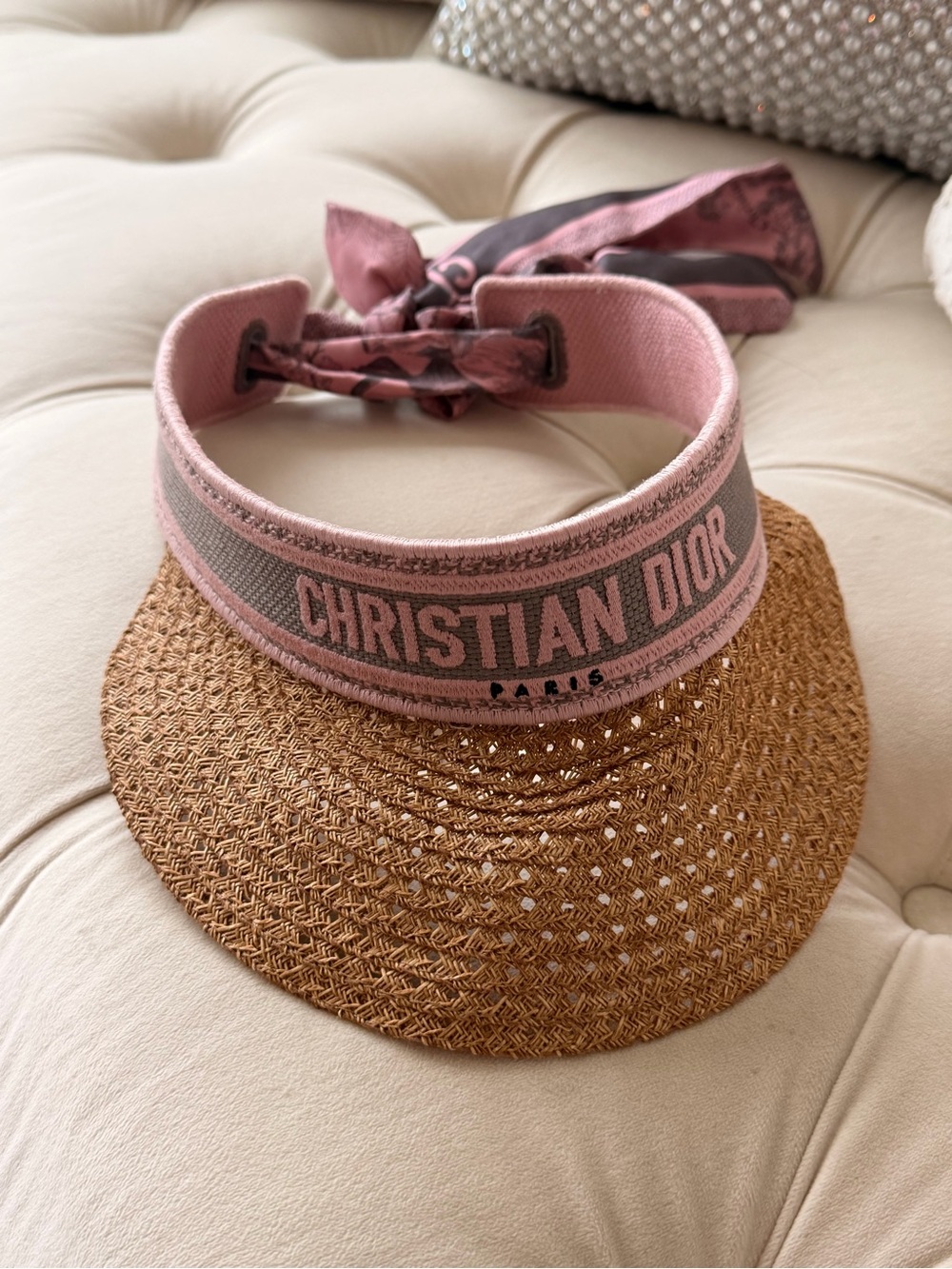 Christian Dior Pink Branded Straw Visor